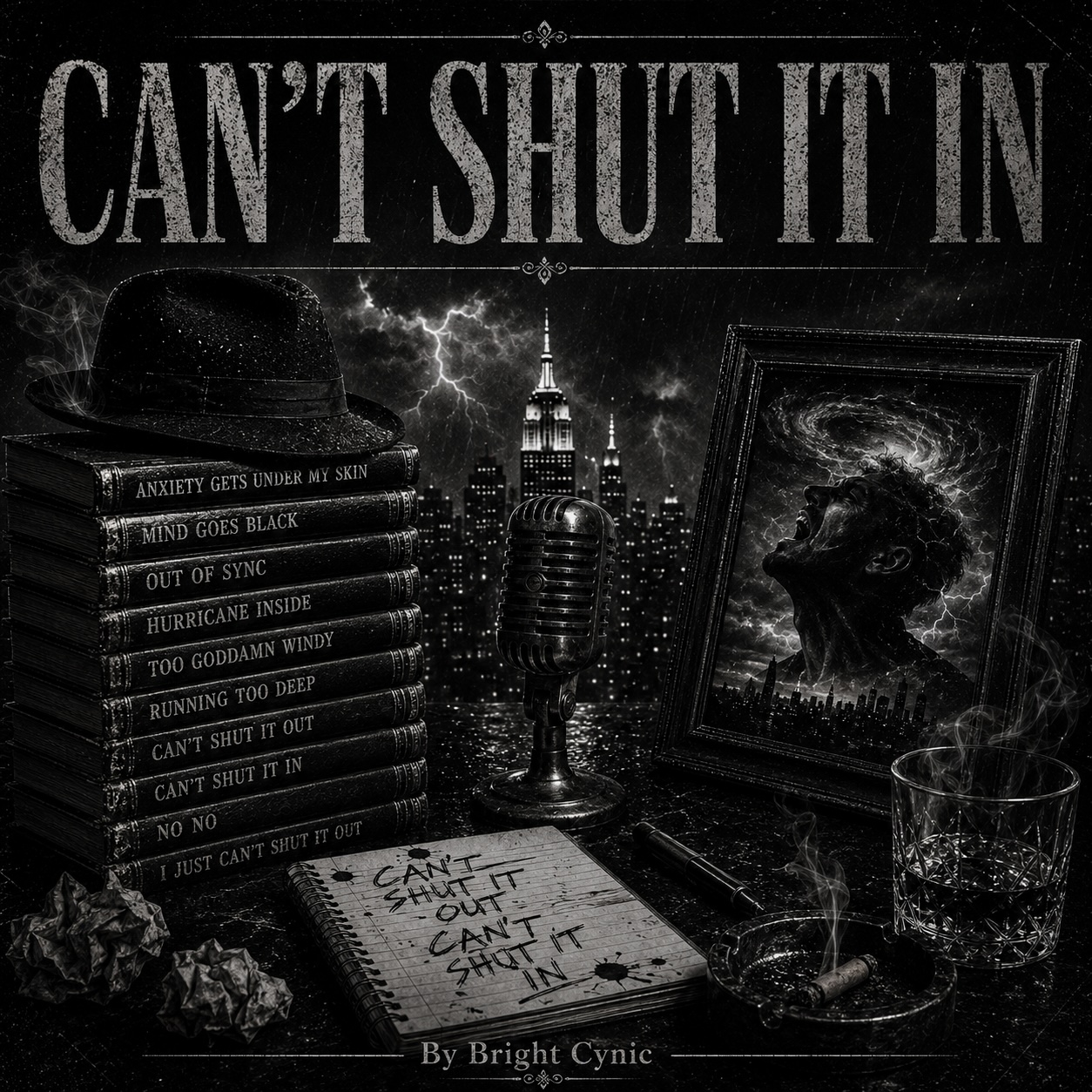 Can't Shut It In – single af Bright Cynic, noir cover med fedora, stak sortbogsryggede sange, mikrofon og lynstorm over skyline